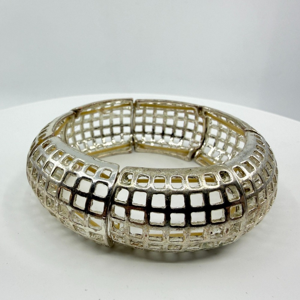 Silver Tone Grid Cage Stretch Bracelet Chunky Statement Accessory Classic Gift